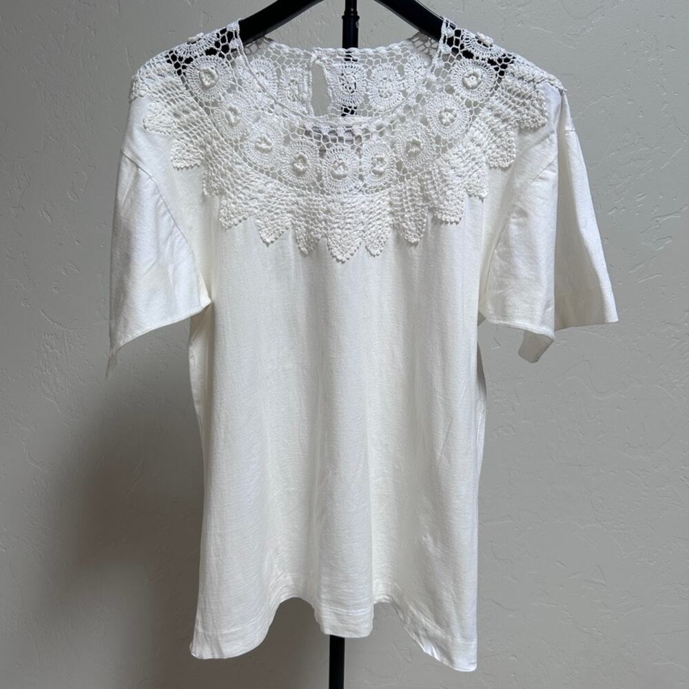 Vintage Crochet Lace Collar Cotton Tee Romantic Prairie Victorian Ivory Top S